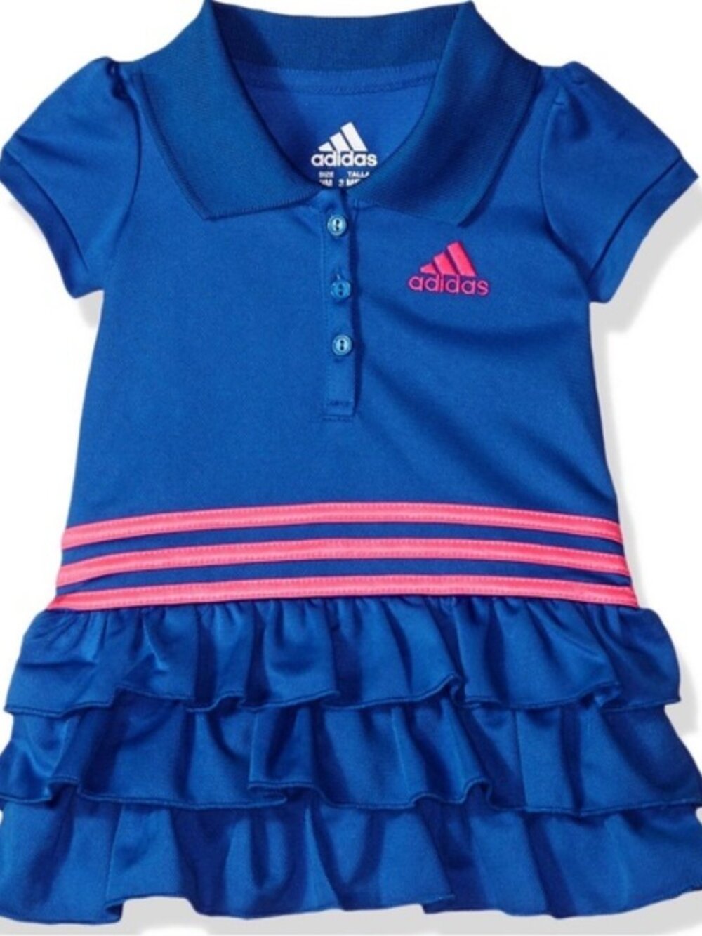 Adidas | Navy and Pink Pleated 3 Stripe Ruffle Polo Dress | Size 18 Months